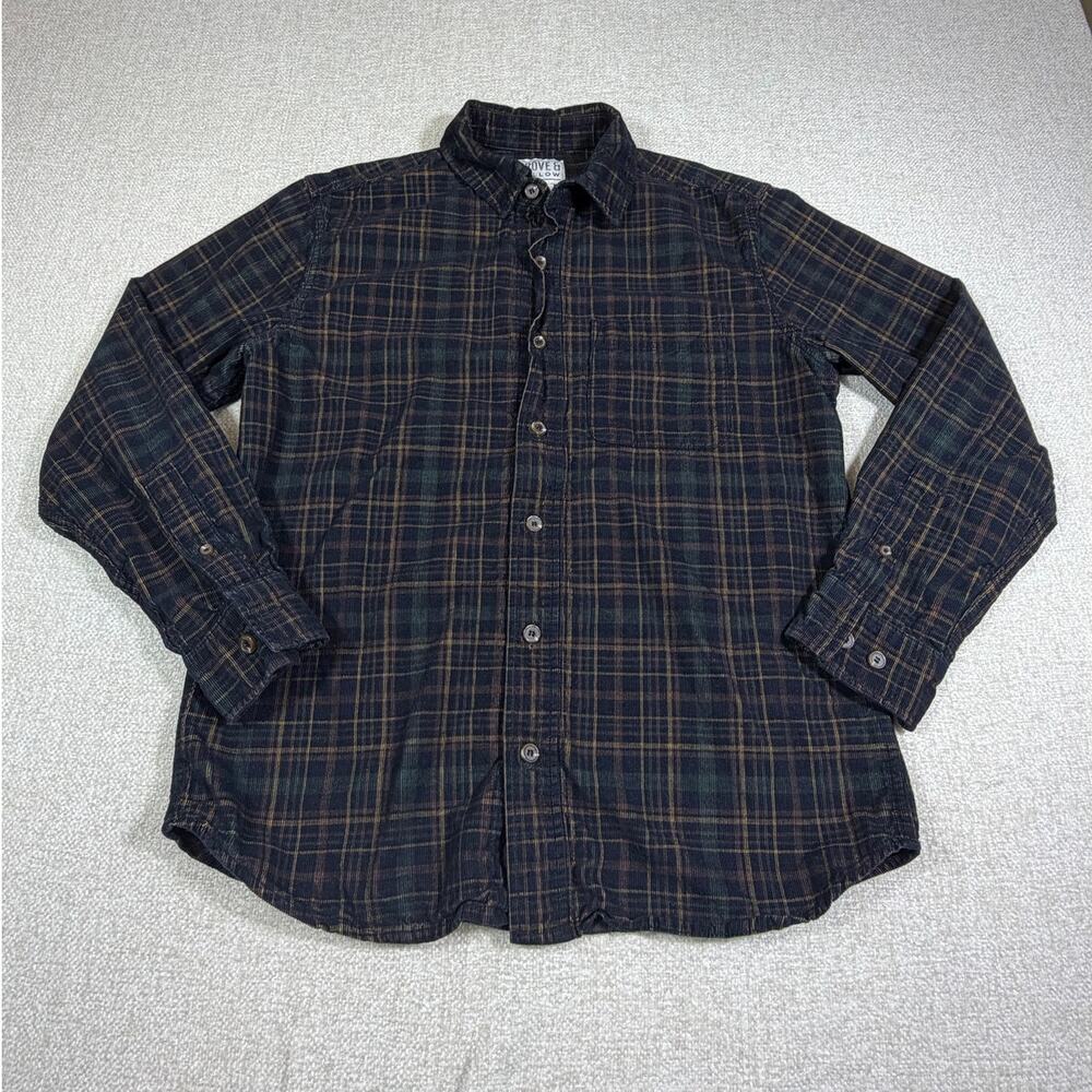 Grove & Hollow Mens Medium Black Green Corduroy Plaid Button Front Shirt Casual
